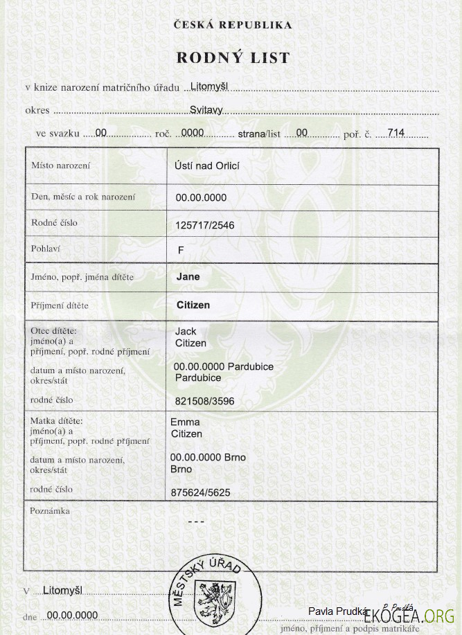 Modèle d'acte de naissance tchèque entièrement modifiable au format PSD